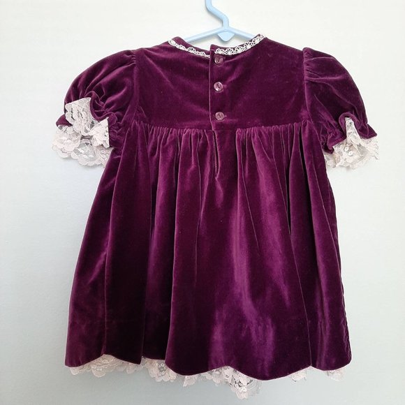 Vtg 90s Smocked Purple Velvet Cottagecore Baby Dress with Rosettes, 24 mo - Picture 4 of 9
